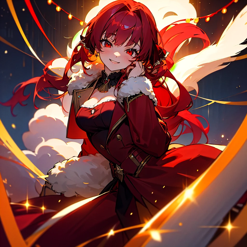 Houshou Marine,hololive,Yellow left eye、Odd red eye on the right eye,Smile in ecstasy,red hair half up,Long coat in red,Fluffy gloves,Christmas Lights Background,Glamorous breasts,illustratio,24 year old