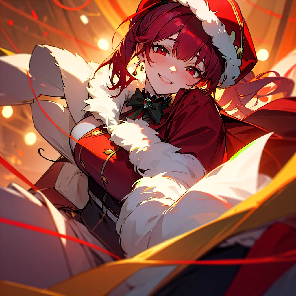 Houshou Marine,hololive,Yellow left eye、Odd red eye on the right eye,Smile in ecstasy,red hair half up,Long coat in red,Fluffy gloves,Christmas Lights Background,Glamorous breasts,illustratio,24 year old