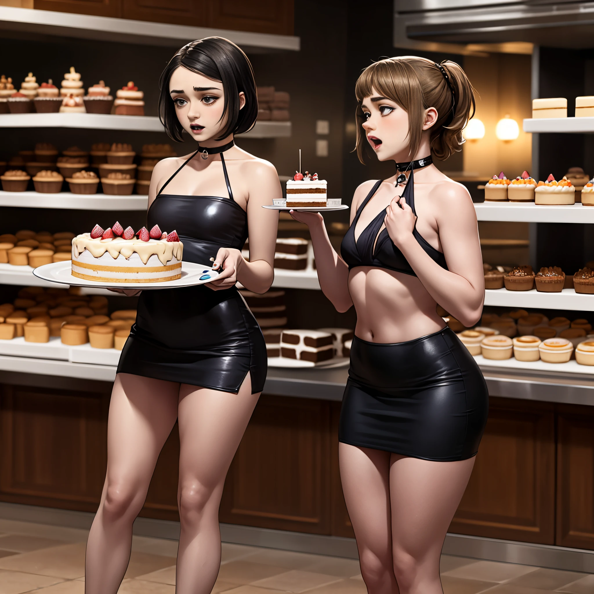 Aubrey Plaza, choker necklace, goth girlfriend, goth style, two girls, two girls at a at a fancy restaurant, mother and daughter, lots of food on table, mini skirt, crop top, tight top, exposed tummy, looking aroused, big breasts,