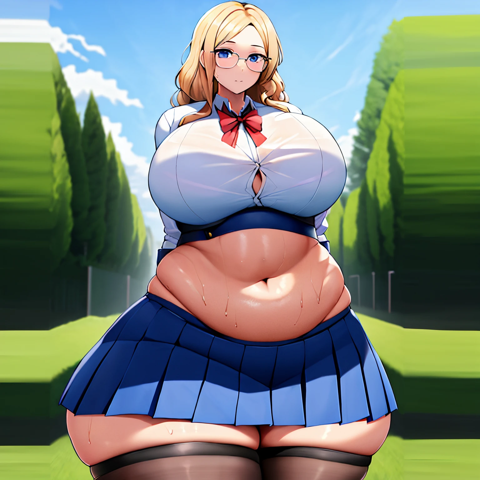 masterpiece, best quality, highres, school girl, school uniform,blue skirt, glasses,from , blonde hair,thin waist,huge breasts, huge hips, in a yard, white thighhighs,self belly grab , sweaty, curly hair