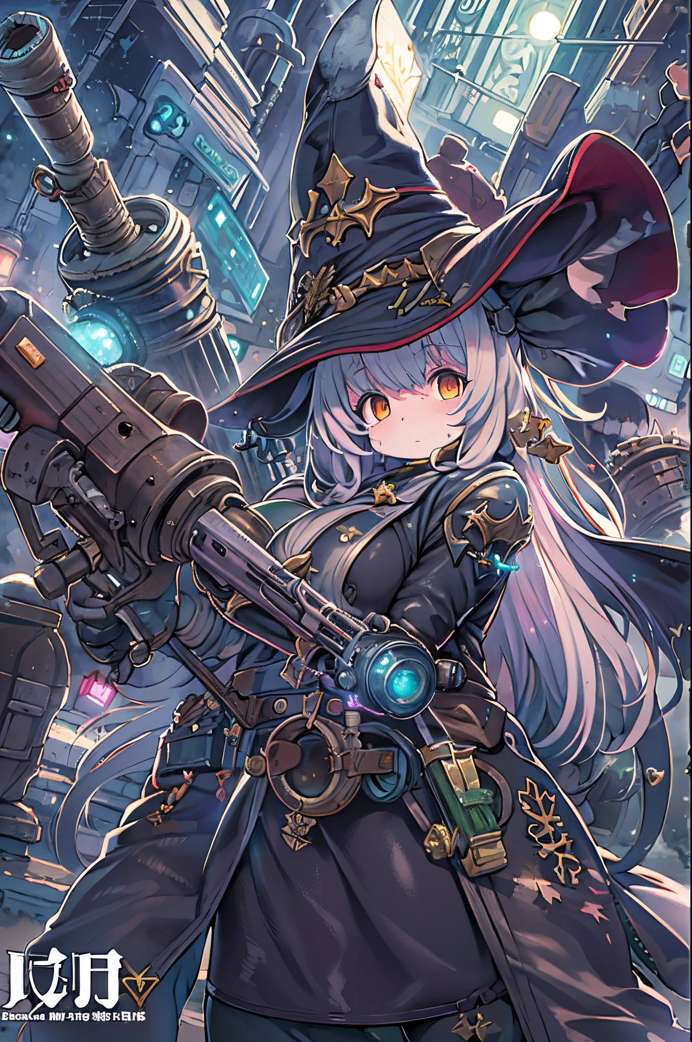 masutepiece、(Very detailed 8k wallpaper), Medium shot of Loline Necromancer, particle lighting, high detailing, Dramatic, Gatling gun in hand, clean back ground, Wearing a wizard's hat, Top weapon in the background removed、huge-breasted