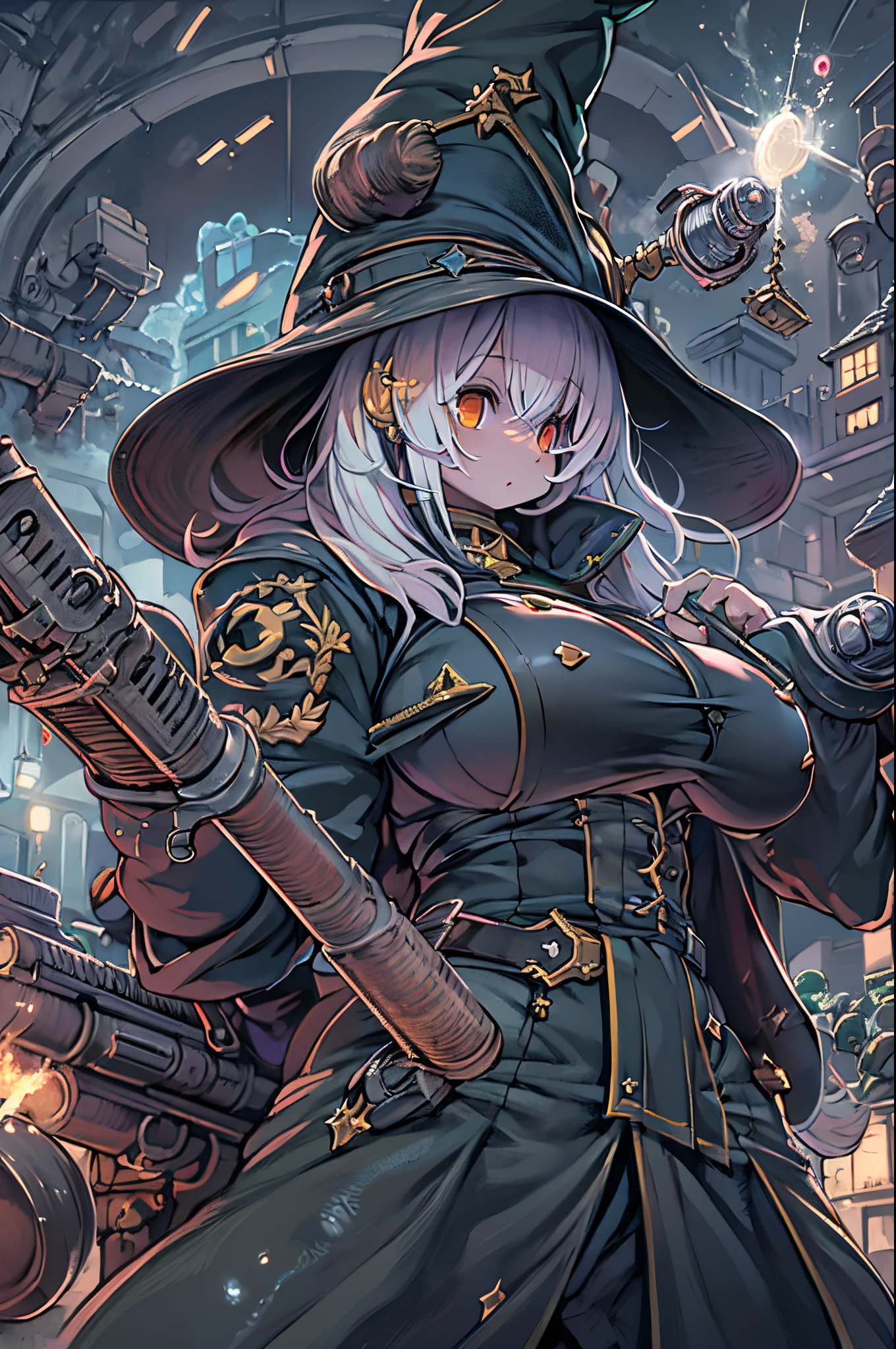 masutepiece、(Very detailed 8k wallpaper), Medium shot of Loline Necromancer, particle lighting, high detailing, Dramatic, Gatling gun in hand, clean back ground, Wearing a wizard's hat, Top weapon in the background removed、huge-breasted