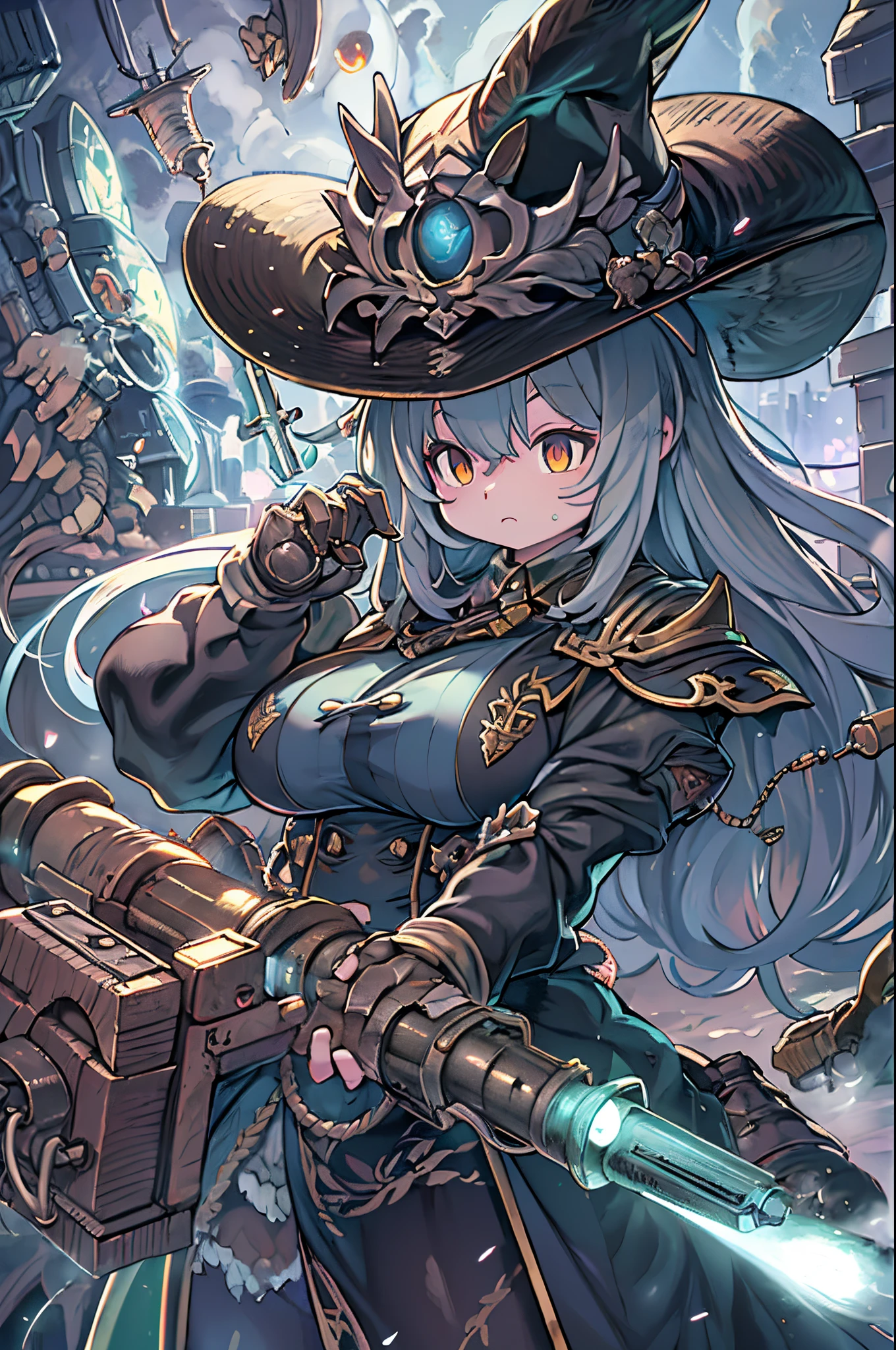 masutepiece、(Very detailed 8k wallpaper), Medium shot of ne Necromancer, particle lighting, high detailing, Dramatic, Gatling gun in hand, clean back ground, Wearing a wizard's hat, Top weapon in the background removed、huge-breasted