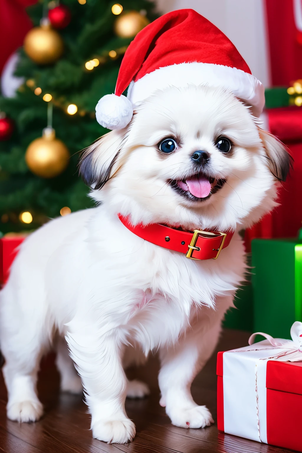 3D vector art、Colorful cute white pekingese dog（he is wearing a christmas hat、The collar has a bell.）Girl Holding、 cute christmas present, Ultra-realistic high quality,  Cute and quirky, Fantasy Art, Watercolor effect