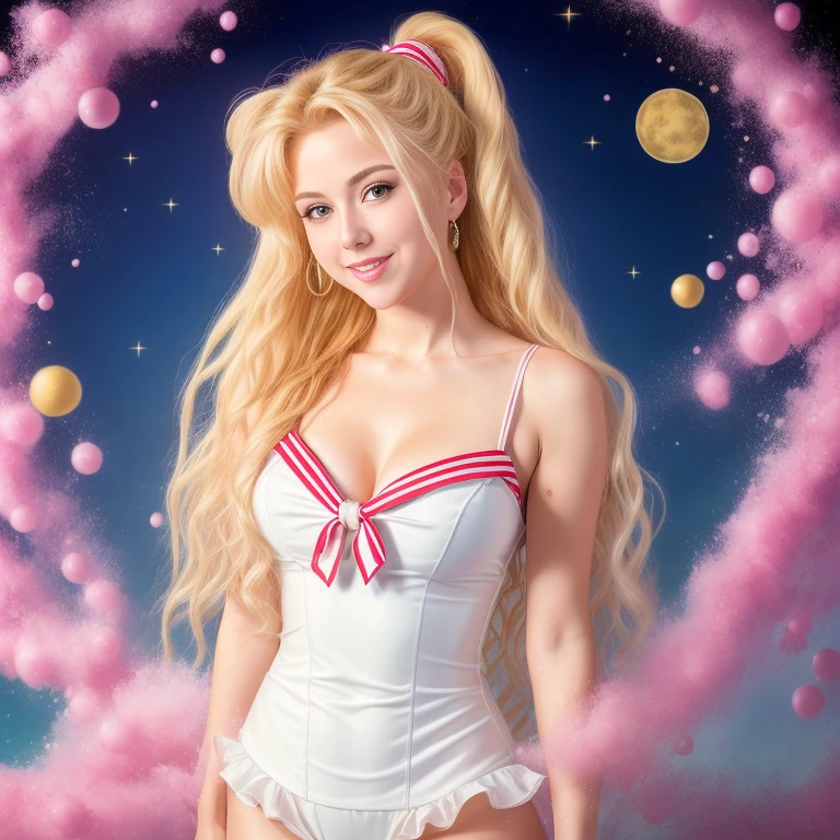 (best quality, extremely detailed, Raw photography,,4k,8k,high res,masterpiece:1.2),ultra-detailed, photorealistic, full body shot,soaked,golden blonde, hair in classic Odango style,Mature and beautiful, realistic portrayal:1.2 Sailor Moon posing as if she’s in a professional music video, smiling.