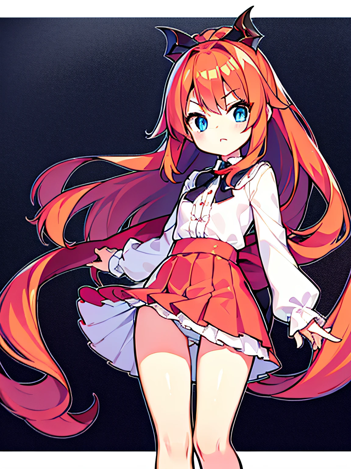 {{Best Quality}}, {{masutepiece}}, {{Ultra-detailed}}, {Illustration}, {Detailed light}, Red hair,Blue eyes,Twin-tailed,Lolita,a miniskirt,Fantastic,Lori,Solo,dragon horn,Little Girl,Long hair、Underpants、Futomo