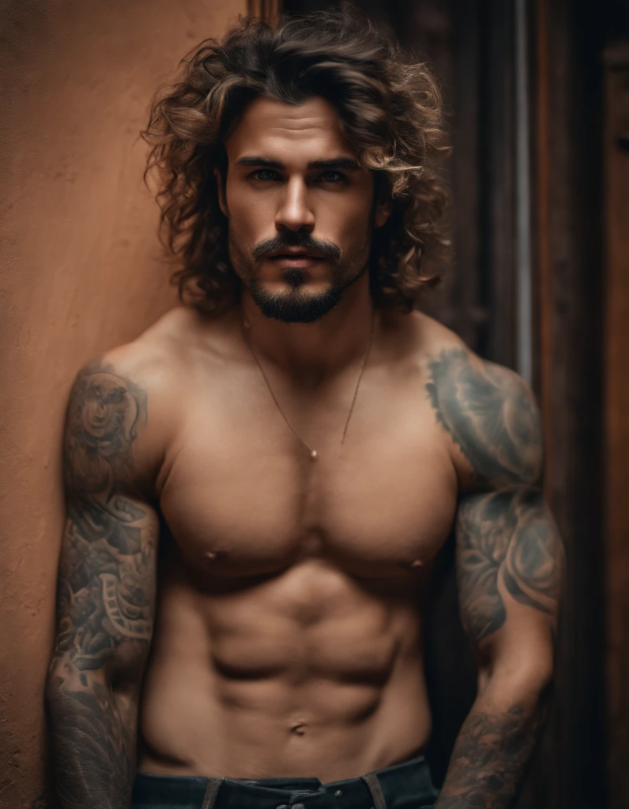 A photorealistic portrait of a insanely handsome man, no shirts, very strong, messy hair, chiseled and extremely tattooed sitting on a step next to a big fierce dog, a large door as the background, a colorized photo by Jesse Richards, instagram contest winner, maximalism, very macho look, hunk, extremely handsome, attractive man, exotic, photograph, detailed symmetric realistic face, extremely detailed natural texture, peach fuzz, messy hair, masterpiece, absurdres, nikon d850 film stock photograph, kodak portra 400 camera f1.6 lens, extremely detailed, amazing, fine detail, hyper realistic lifelike texture, dramatic lighting, unrealengine, trending on artstation, cinestill 800 tungsten, looking at the viewer, photo realistic, RAW photo, TanvirTamim, high quality, highres, sharp focus, extremely detailed, cinematic lighting, 8k uhd,-imagine-