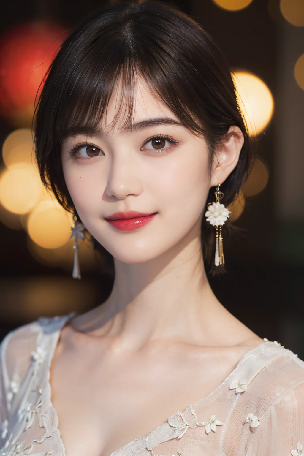 115
(a 20 yo woman,is standing), (A hyper-realistic), (high-level image quality), ((beautiful hairstyle 46)), ((short-hair)), (Gentle smile), (breasted:1.1), (lipsticks), (florals)