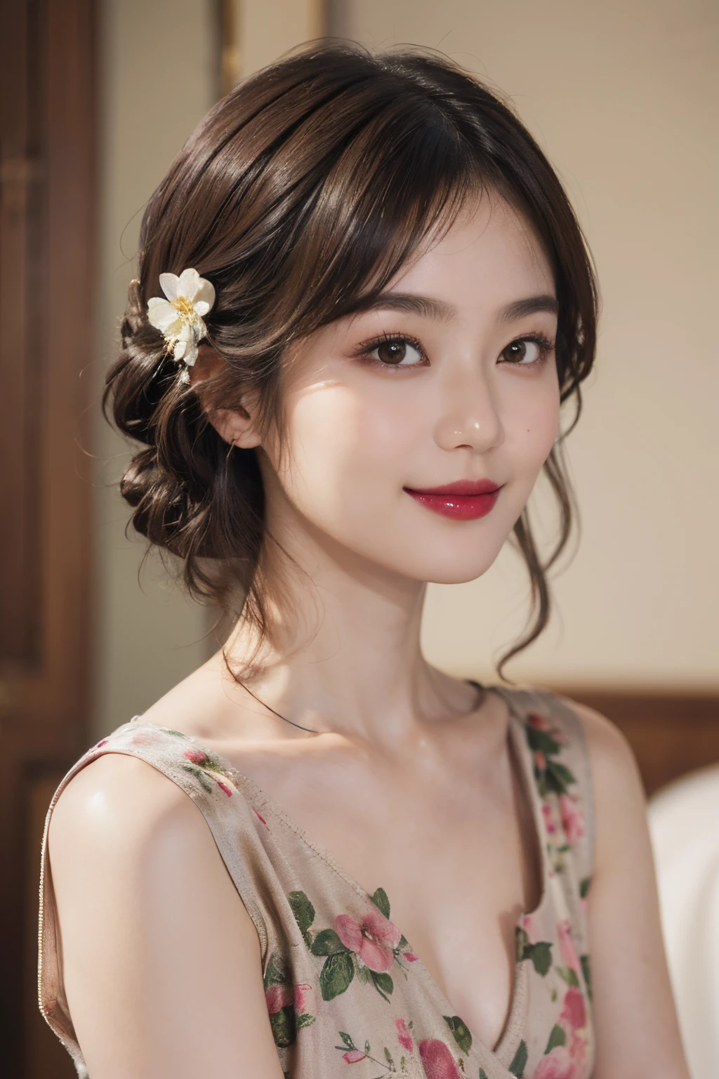 115
(a 20 yo woman,is standing), (A hyper-realistic), (high-level image quality), ((beautiful hairstyle 46)), ((short-hair)), (Gentle smile), (breasted:1.1), (lipsticks), (florals)