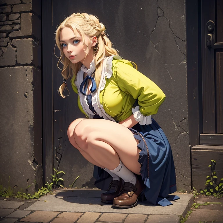 1 woman, blonde, curly hair, 19-years-old 1700 tavern wench squatting on the tavern dim back alley. (((The woman pees in public,))) releasing all the pee contained inside her. (( the woman lifts her skirt flashing her pussy while peeing)), pee:2, peeing:2, The woman is very relaxed, and happy while peeing on the street. The camera is very close to the woman, between her legs we can see her pubic hair, pussy