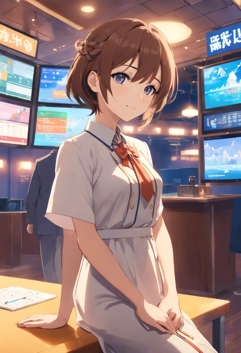 an anchor，wearing a formal dress，Standing elegantly in front of a broadcast booth，facing the camera。With a friendly smile on his face，Point to the big screen behind you to read the weather forecast。Behind is a big screen