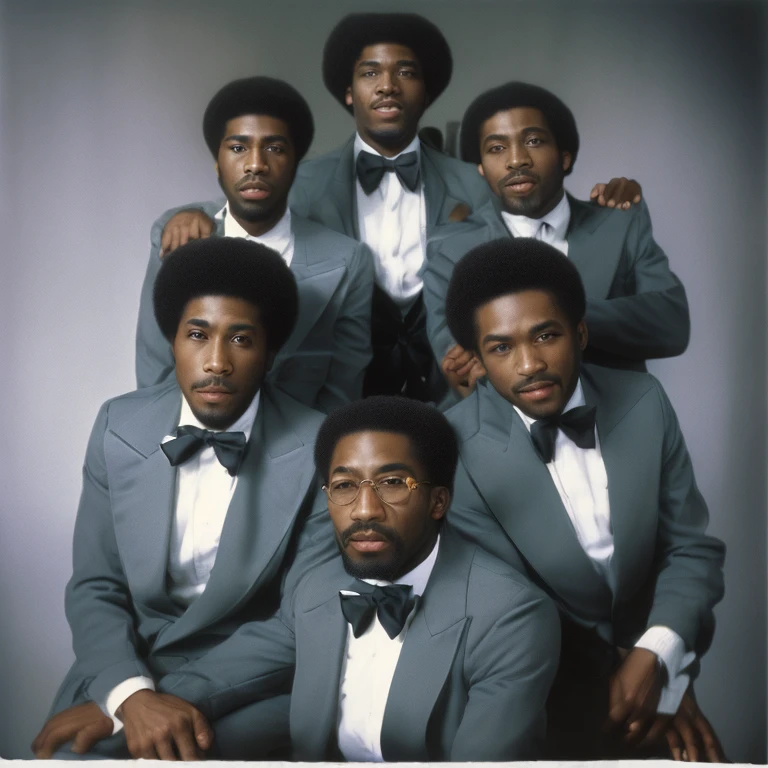 there are a group of men in suits posing for a picture, seventies era, 1 9 7 6 cut out collage, 1978 cut out collage, alternate album cover, 7 0 - s, seventies, publicity photo, circa 1 9 7 9, 70’s, 70's, 70s photo, eddie, tree's, quartet singing group, big afros, black men, clean cut, brothers