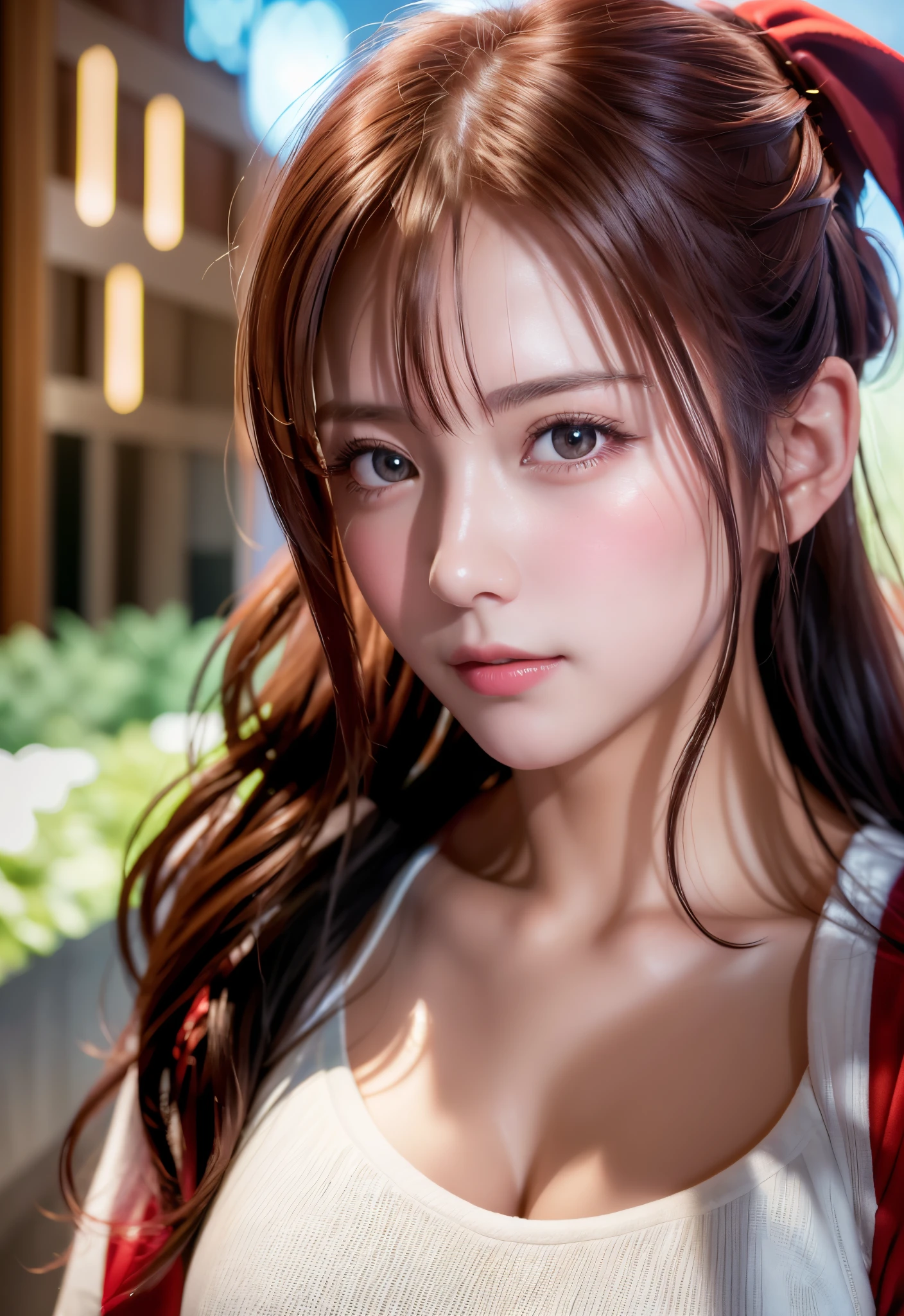8K, of the highest quality, masutepiece:1.2), (Realistic, Photorealsitic:1.37), of the highest quality, masutepiece, Beautiful young woman, Pensive expression,、A charming、and an inviting look, cute santa clothes, Hair tied back, Cinematic background, Light skin tone