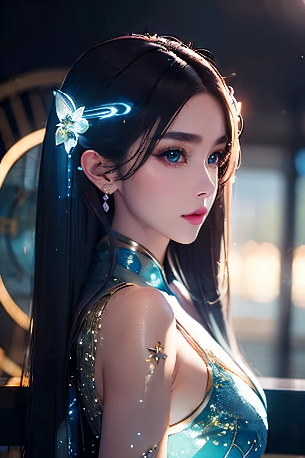 masterpiece, best quality, 4k resolution, Mysterious close shot of a nixie from side, her glistening scales reflecting moonlight, deep blue eyes filled with secrets of the deep galaxy, water droplets on her skin shimmering like diamonds, she looks back at the camera, cheongsam, see-through,