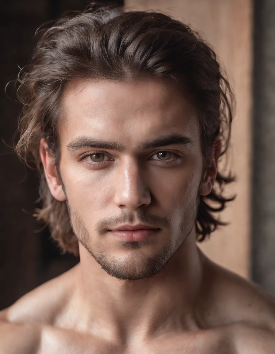 A photorealistic portrait of a insanely handsome man, no shirts, very strong, messy hair, chiseled and extremely tattooed sitting on a step next to a big fierce dog, a large door as the background, a colorized photo by Jesse Richards, instagram contest winner, maximalism, very macho look, hunk, extremely handsome, attractive man, exotic, photograph, detailed symmetric realistic face, extremely detailed natural texture, peach fuzz, messy hair, masterpiece, absurdres, nikon d850 film stock photograph, kodak portra 400 camera f1.6 lens, extremely detailed, amazing, fine detail, hyper realistic lifelike texture, dramatic lighting, unrealengine, trending on artstation, cinestill 800 tungsten, looking at the viewer, photo realistic, RAW photo, TanvirTamim, high quality, highres, sharp focus, extremely detailed, cinematic lighting, 8k uhd,-imagine-