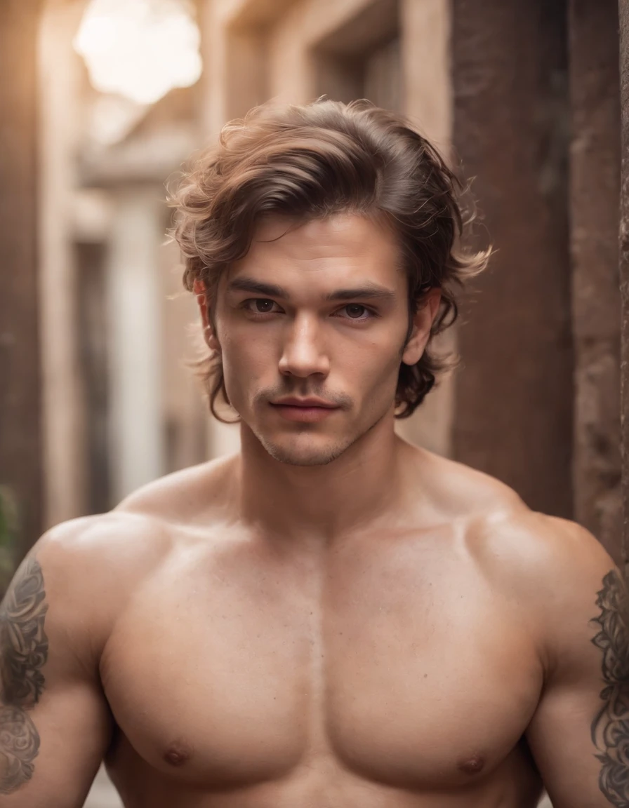 A photorealistic portrait of a insanely handsome man, no shirts, very strong, messy hair, chiseled and extremely tattooed sitting on a step next to a big fierce dog, a large door as the background, a colorized photo by Jesse Richards, instagram contest winner, maximalism, very macho look, hunk, extremely handsome, attractive man, exotic, photograph, detailed symmetric realistic face, extremely detailed natural texture, peach fuzz, messy hair, masterpiece, absurdres, nikon d850 film stock photograph, kodak portra 400 camera f1.6 lens, extremely detailed, amazing, fine detail, hyper realistic lifelike texture, dramatic lighting, unrealengine, trending on artstation, cinestill 800 tungsten, looking at the viewer, photo realistic, RAW photo, TanvirTamim, high quality, highres, sharp focus, extremely detailed, cinematic lighting, 8k uhd,-imagine-