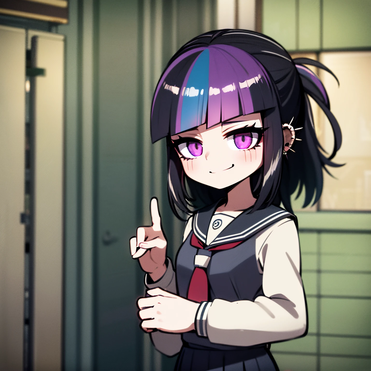 1girl, black hair, assymetric hair, symetric bangs,japanese student outfit, dark green plaid skirt, nose and ear piercings, purple highlights in hair, bulging eyes, happy expression, in one school, japanese school, 4k, masterpiece, Anime, HD,