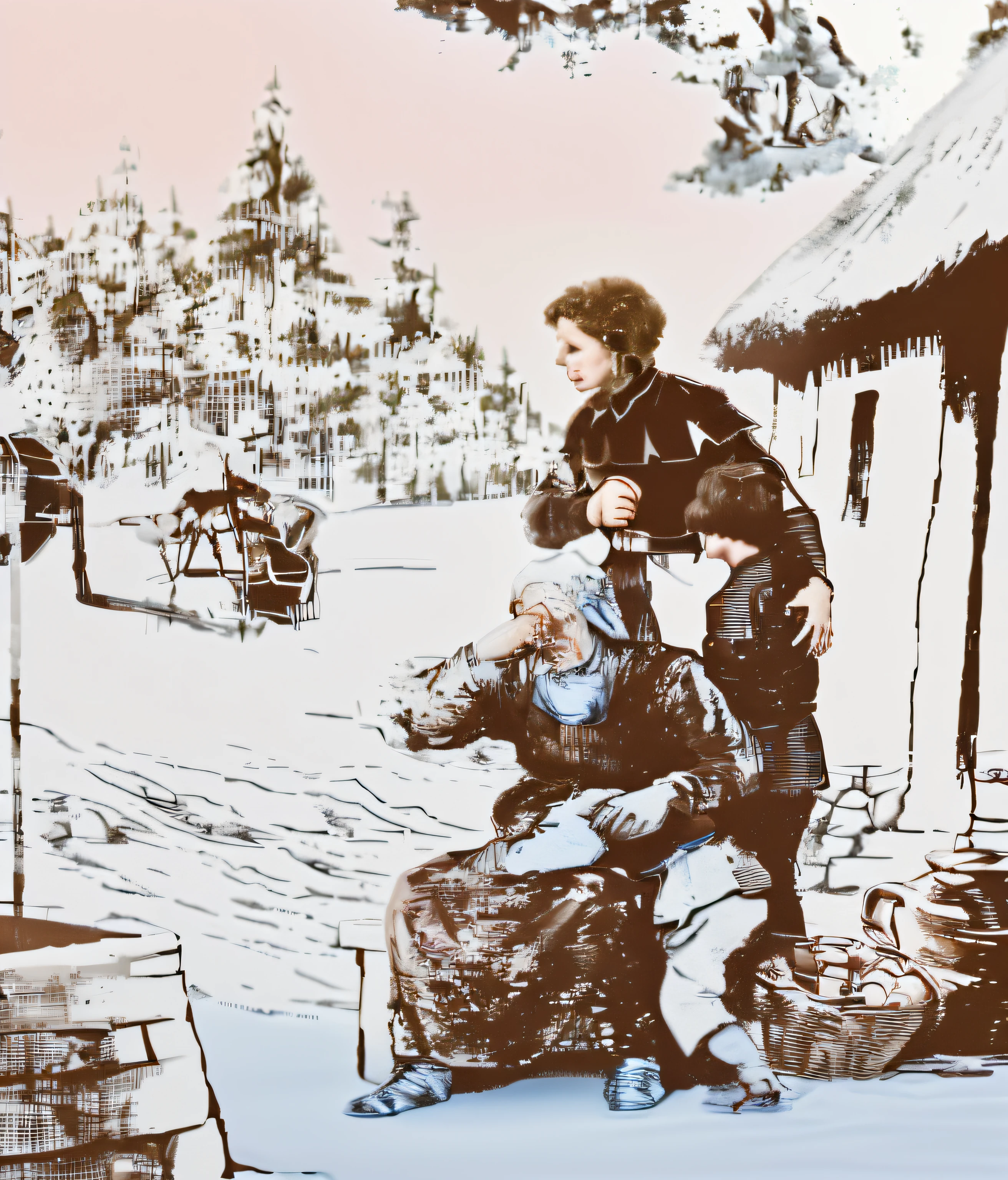 A woman in her 50s(Russian origin),sitting outside,with wrinkles on his face,Wiping tears with your hands,A lies on her lap,
A young man,Messy short hair,wear an old coat,Looking into the distance,Standing next to me is a 12-year-ol