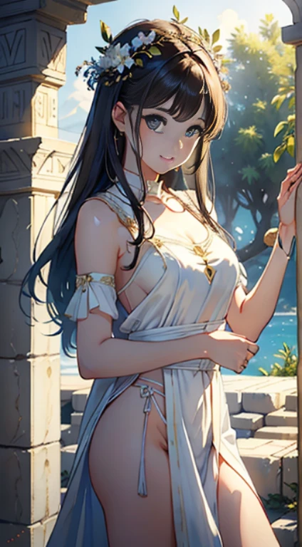 (top-quality、hight resolution、masterpiece)、((Watercolor in Sargent style))、(David Hamilton Style)、(softfocus)、ancient greek scene 、The world of Bilitis songs、(greek female bard)、20yr old、美丽的面容、Well-formed eyes and nose、Bewitching smile、Detailed depiction of the face、Classic hairstyles、Olive hair ornament、(Sing and dance)、Beautiful figure、detail portrayal、(ancient greek clothes)、(White tunic)、greek toga、Cinematic scenes、ciinematic light、softlight、raytrace、luminous sky、greek architecture columns、greek pine、(nostalgia)、classic vibes、Blur the background、