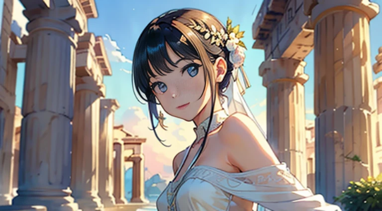 (top-quality、hight resolution、masterpiece)、((Watercolor in Sargent style))、(David Hamilton Style)、(softfocus)、ancient greek scene 、The world of Bilitis songs、(greek female bard)、20yr old、美丽的面容、Well-formed eyes and nose、Bewitching smile、Detailed depiction of the face、Classic hairstyles、Olive hair ornament、(Sing and dance)、Beautiful figure、detail portrayal、(ancient greek clothes)、(White tunic)、greek toga、Cinematic scenes、ciinematic light、softlight、raytrace、luminous sky、greek architecture columns、greek pine、(nostalgia)、classic vibes、Blur the background、