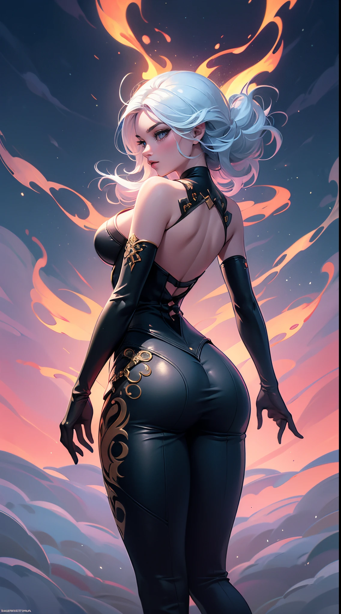 Masterpiece, 8k full hd, Slim girl, small chest, snug chest, heaving chest, big ass, thin hip, wide waist, full body, back, horns, bluish white hair, big hair, short dress with thin strap, neck tattoo and mouthpiece. --auto --s2