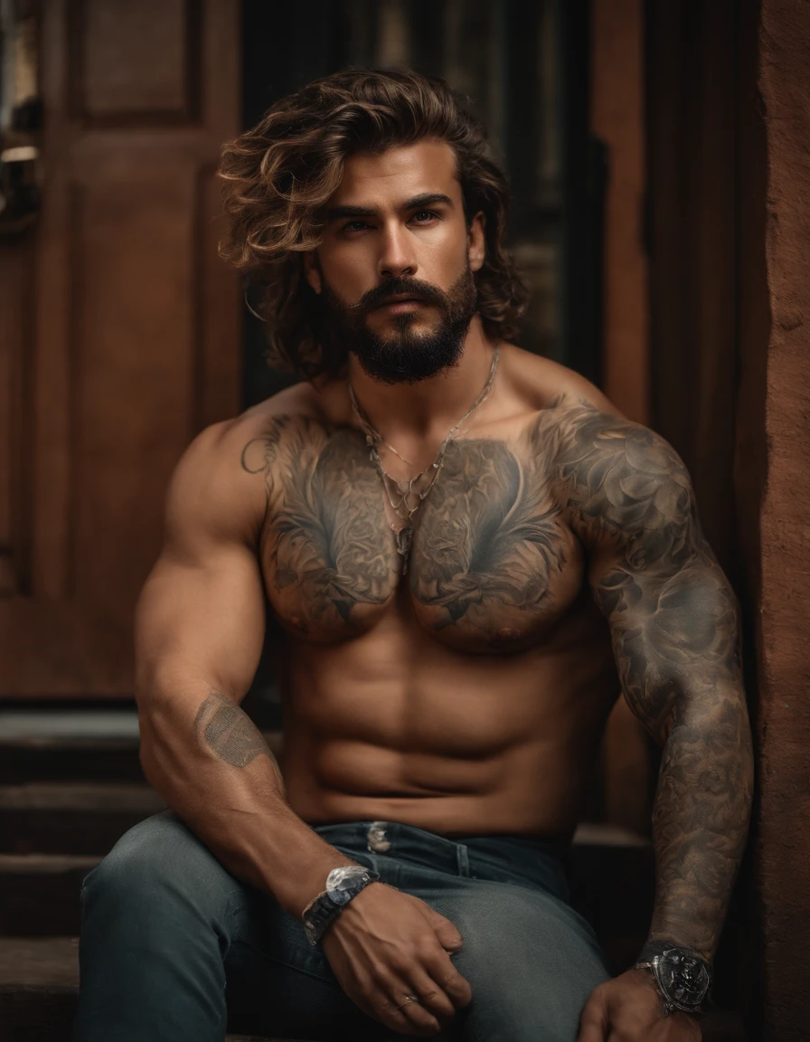 A photorealistic portrait of a insanely handsome man, no shirts, very strong, messy hair, chiseled and extremely tattooed sitting on a step next to a big fierce dog, a large door as the background, a colorized photo by Jesse Richards, instagram contest winner, maximalism, very macho look, hunk, extremely handsome, attractive man, exotic, photograph, detailed symmetric realistic face, extremely detailed natural texture, peach fuzz, messy hair, masterpiece, absurdres, nikon d850 film stock photograph, kodak portra 400 camera f1.6 lens, extremely detailed, amazing, fine detail, hyper realistic lifelike texture, dramatic lighting, unrealengine, trending on artstation, cinestill 800 tungsten, looking at the viewer, photo realistic, RAW photo, TanvirTamim, high quality, highres, sharp focus, extremely detailed, cinematic lighting, 8k uhd,-imagine-
