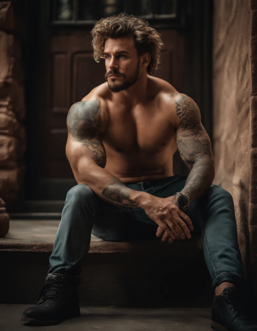 A photorealistic portrait of a insanely handsome man, no shirts, very strong, messy hair, chiseled and extremely tattooed sitting on a step next to a big fierce dog, a large door as the background, a colorized photo by Jesse Richards, instagram contest winner, maximalism, very macho look, hunk, extremely handsome, attractive man, exotic, photograph, detailed symmetric realistic face, extremely detailed natural texture, peach fuzz, messy hair, masterpiece, absurdres, nikon d850 film stock photograph, kodak portra 400 camera f1.6 lens, extremely detailed, amazing, fine detail, hyper realistic lifelike texture, dramatic lighting, unrealengine, trending on artstation, cinestill 800 tungsten, looking at the viewer, photo realistic, RAW photo, TanvirTamim, high quality, highres, sharp focus, extremely detailed, cinematic lighting, 8k uhd,-imagine-