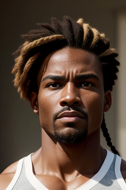 Please generate an image featuring a shirtless, toned African American man. He has a stern and determined expression on his face with braids flowing back, his body radiating strength and confidence. Standing with a commanding presence, he directs his gaze straight into the camera, locking eyes with an unwavering intensity. The absence of a shirt highlights his well-defined physique, while his focused expression portrays a sense of controlled power. The image captures a moment of compelling intensity, as he stares into the camera, projecting an air of determination and forceful presence."