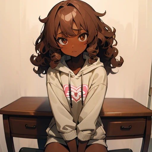 tanned woman, tanned skin, tan skin, tan woman, cross-legged, brown eyes, raised eyebrows, hoodie, bedroom, desk, no pants, panties, brown curls, curly hair, curled hair, curls, brown hair, blush, doyagao, torogao, ahegao, blending, image fill, speed lines, anatomically correct, textured skin, masterpiece, 1080P