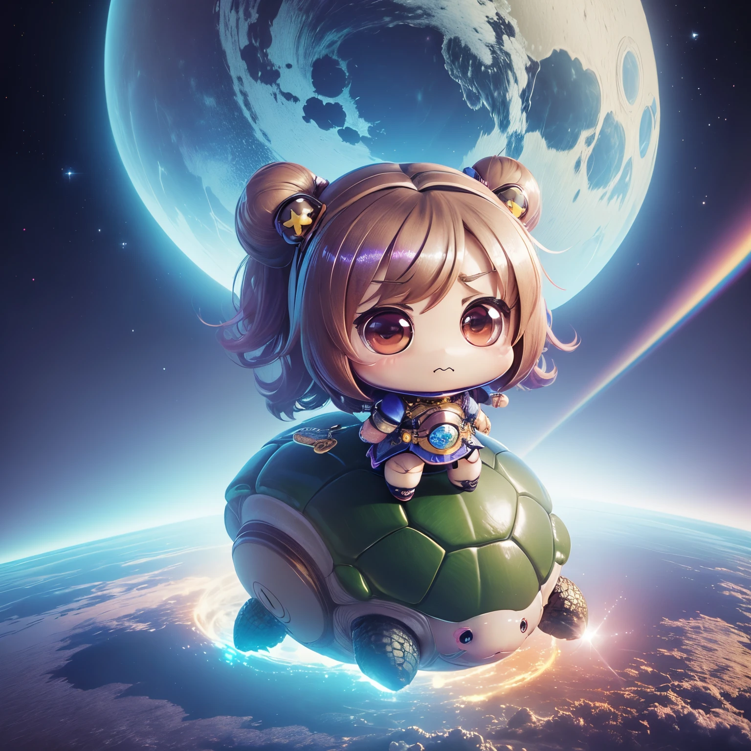 super high quality, (chibi, super deformed, full body, big head:1.5), 3D, cute girl having fun riding a huge stuffed turtle, background fairy tale fantasy world, iridescent, professional flare lighting