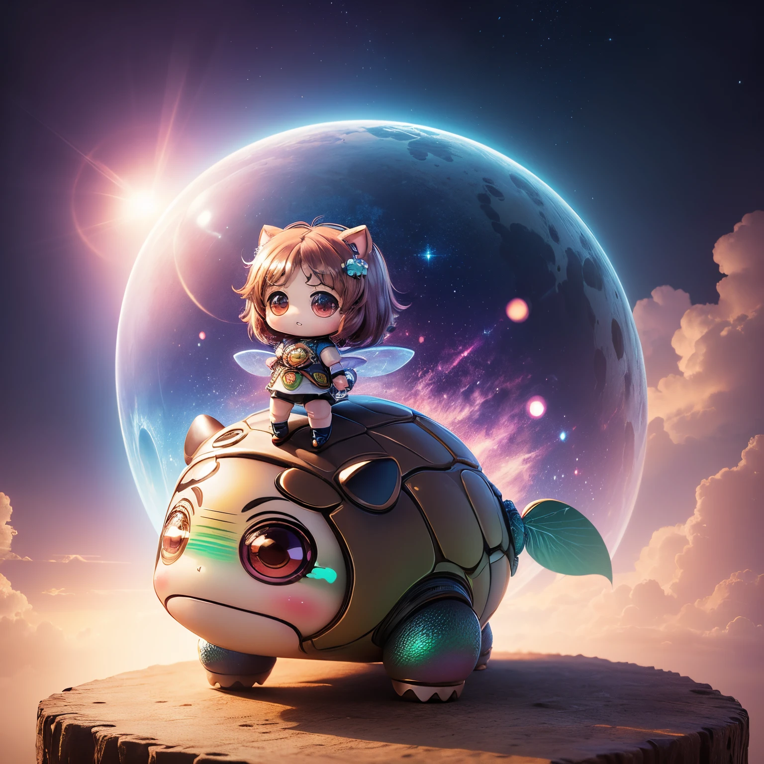 super high quality, (chibi, super deformed, full body, big head:1.5), 3D, cute little girl having fun riding a big stuffed turtle, background fairy tale fantasy world, iridescent, professional flare lighting