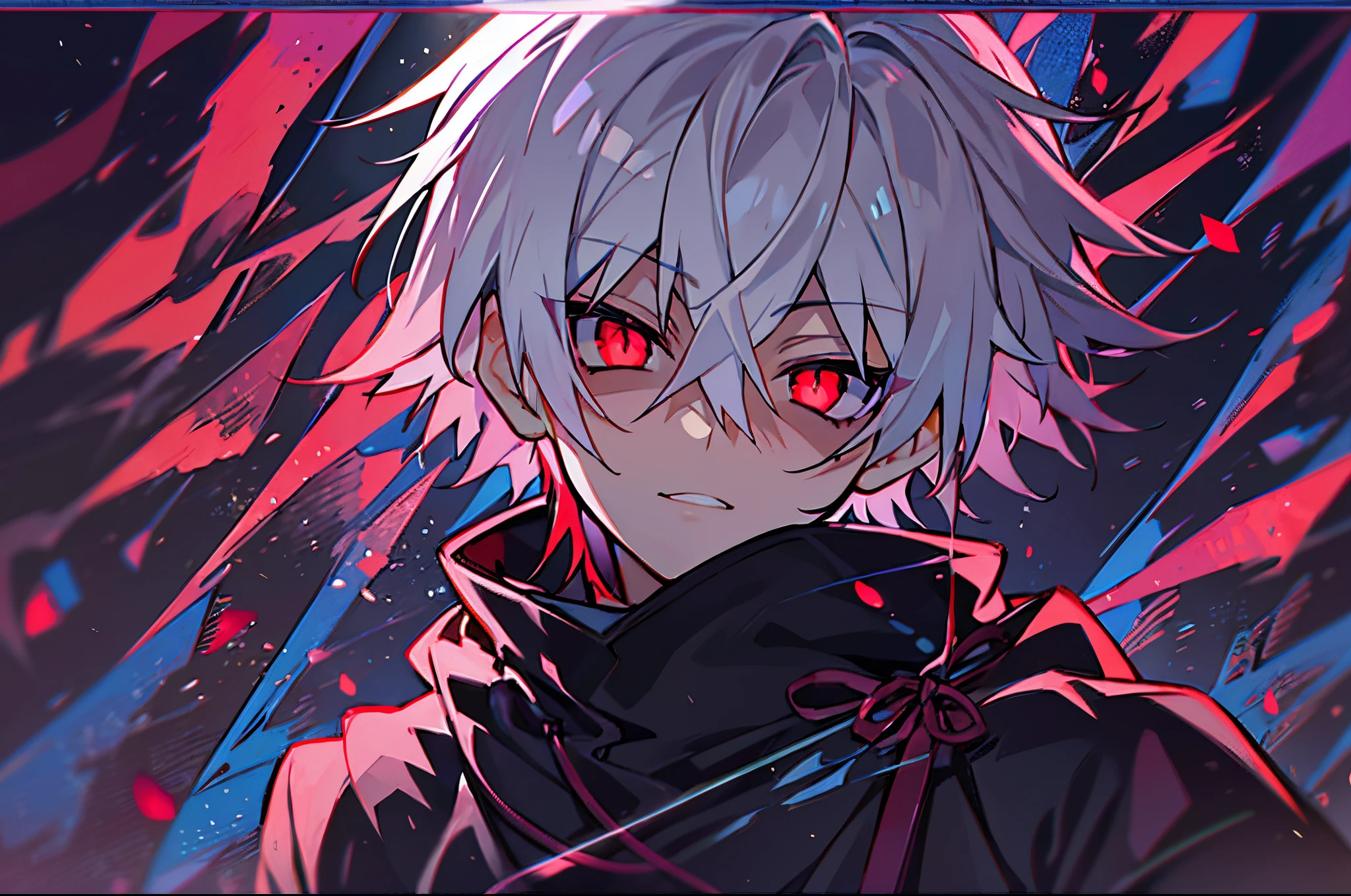 hight resolution,close range、Anime boy with white hair and red eyes staring at camera, Glowing red eyes,slim, dressed in a black outfit,Shadow Body,colorful backdrop,hair messy,yameroyandere, Diagonal angle