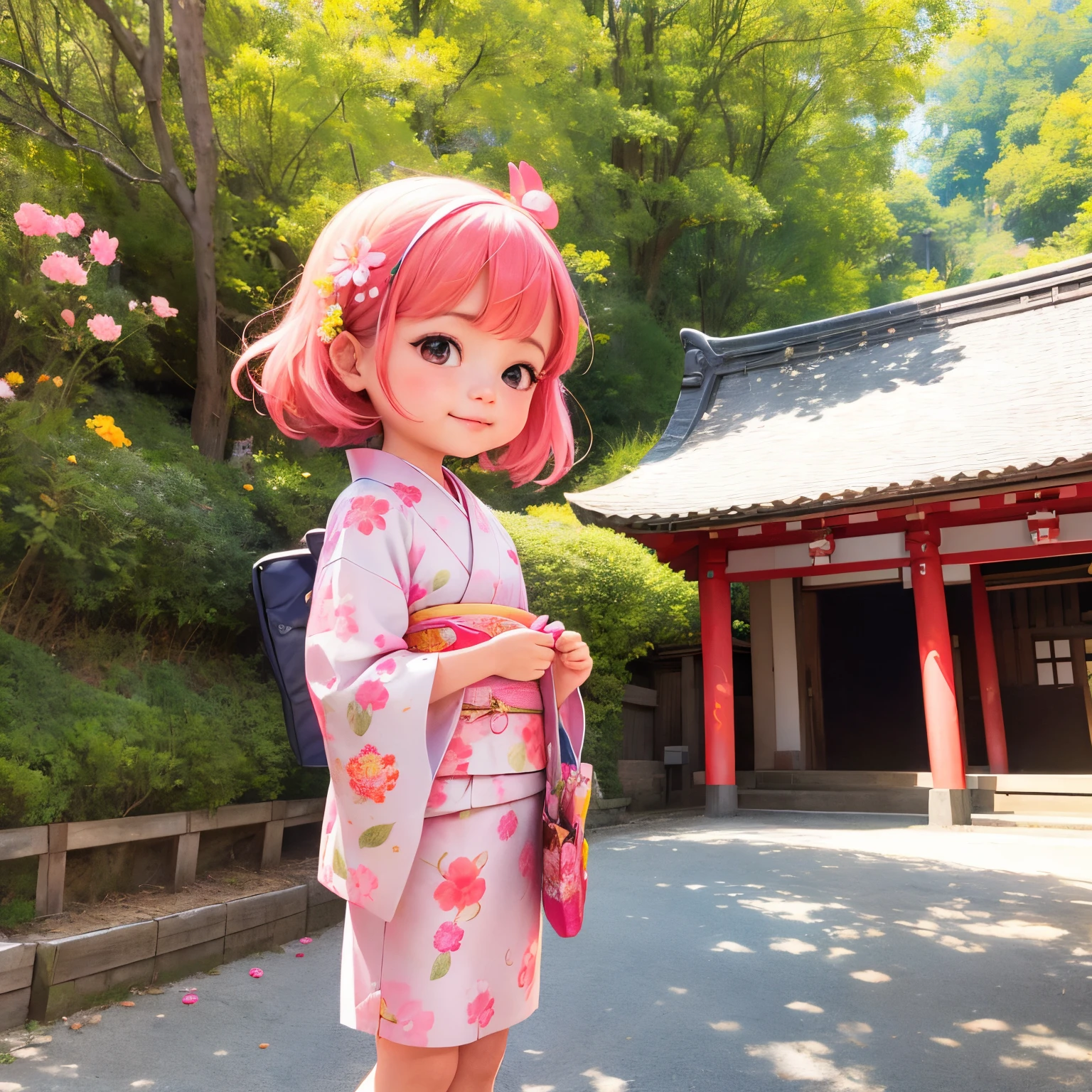 photoRealstic、Japan shrine in the background、３Year old girl、Wearing a kimono to celebrate Shichi-Go-San、Traditional events of Japan、Smile, kawaii pose 、 ultradetailed eyes、Full Paint、Floral hair ornament、butterfly hair ornament、on my right hand, I have a bag of Chitose candy、Strong bokeh、Flowers in the foreground