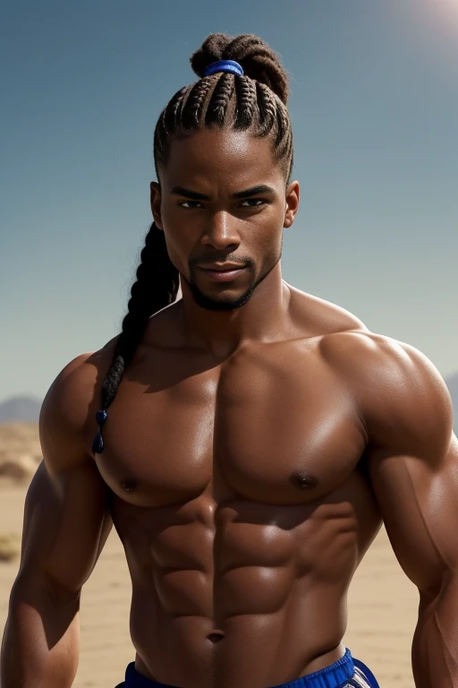 Please generate an image featuring a shirtless, toned African American man. He has a stern and confident smile on his face with thin braids flowing back into a pony tail, his body radiating strength and confidence. Standing with a commanding presence, he directs his gaze straight into the camera, locking eyes with an unwavering intensity. The absence of a shirt highlights his well-defined physique, while his focused expression portrays a sense of controlled power. The image captures a moment of compelling intensity, as he stares into the camera, projecting an air of determination and forceful presence."