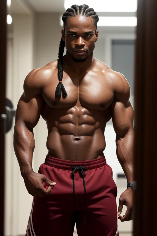 Please generate an image featuring a shirtless, toned African American man. He has a stern and confident smile on his face with thin braids flowing back into a pony tail, his body radiating strength and confidence. Standing with a commanding presence, he directs his gaze straight into the camera, locking eyes with an unwavering intensity. The absence of a shirt highlights his well-defined physique, while his focused expression portrays a sense of controlled power. The image captures a moment of compelling intensity, as he stares into the camera, projecting an air of determination and forceful presence."