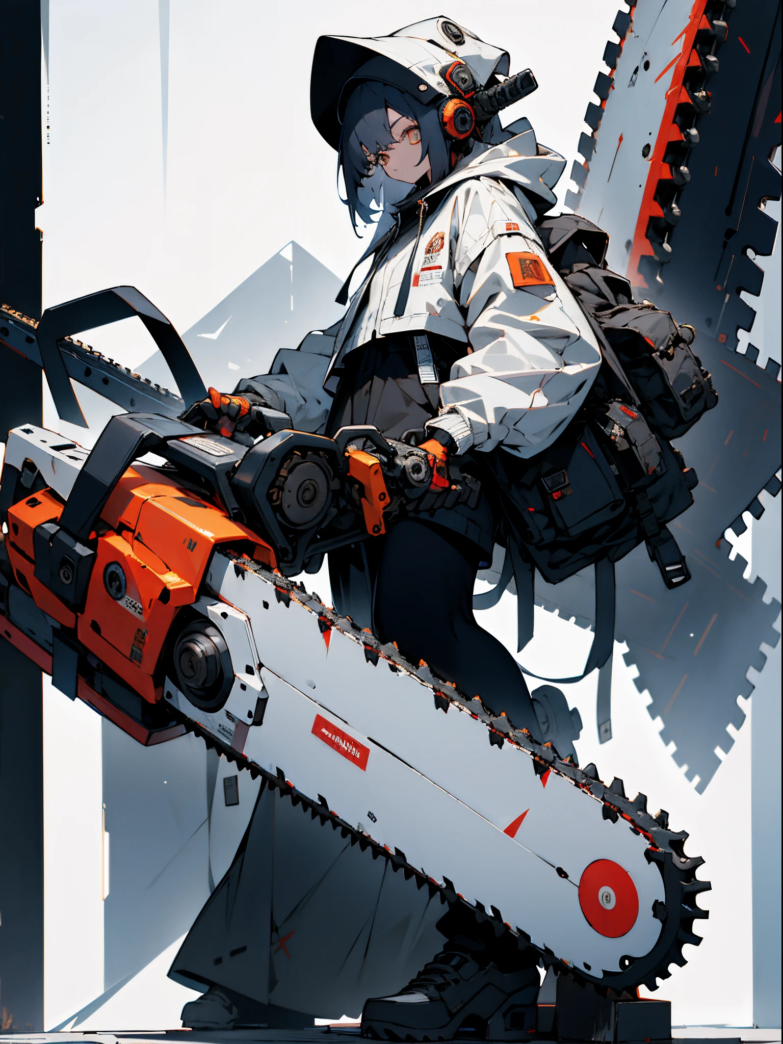 absurdres, highres, ultra detailed,
1girl,oversized hooded jacket,full body,
holding mechanical chainsaw,