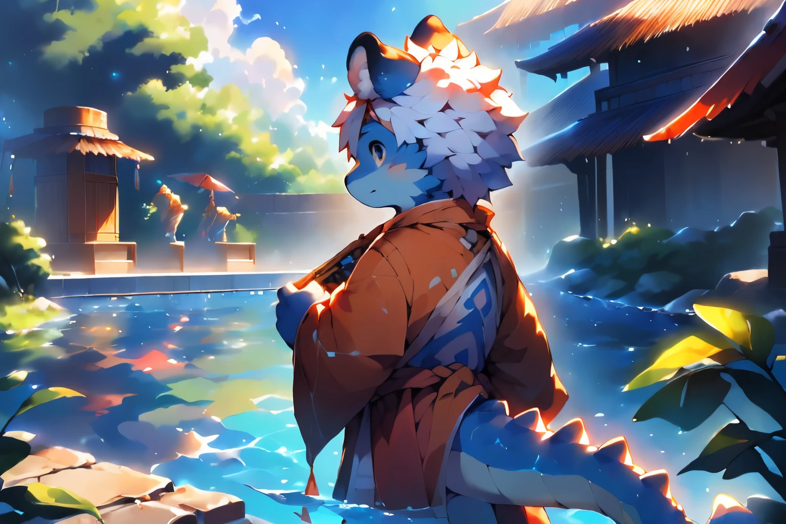 Cute and detailed digital art, Very very beautiful furry art, Detailed fanart, high-quality wallpaper, dress up as a fisherman 🧥, furry fantasy art, Popular topics on artstation pixiv, , Dark blue body, White hair, standing, Towels, Swimming pool, Rear view, young male,Libido boy,Pool,Dragon,Dragon tail,Fluffy hair ,(by Pino Deheni, Kanikai, Milk Tiger 1145, Dagasi, ys,)