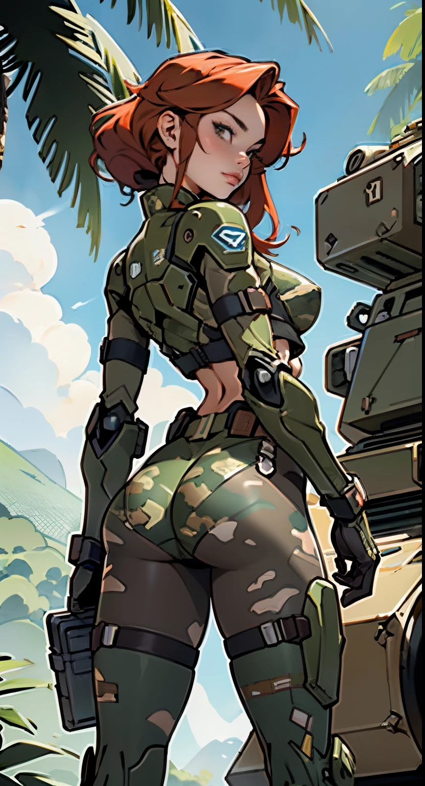 1woman 20 years old, max resolution, crisp lines, sculpted, military, wearing a soldier helmet, beautiful, perfect body, red hair, perfect body, thin waist, wide hips, large breasts, slim thighs, jungle background, armored vehicle, flying fighters, military robot dog, camouflaged uniform, tight panties, head to toe, highly detailed, high resolution, perfect hands, rear view, backside, camo, turning around to see the viewer