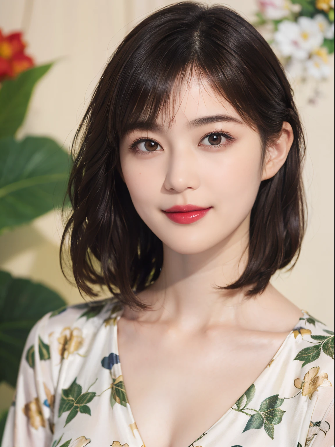 115
(a 20 yo woman,is standing), (A hyper-realistic), (high-level image quality), ((beautiful hairstyle 46)), ((short-hair)), (Gentle smile), (breasted:1.1), (lipsticks), (florals)