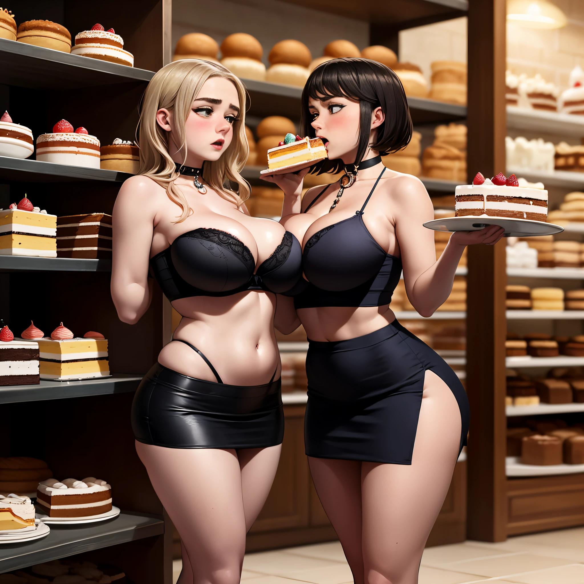 Maisie Williams, two girls, wearing short black miniskirt, wearing black tube top, wearing choker collar, black lipstick, black eyeliner, black hair, big breasts, (big breasts:1.5) cleavage, bare belly, in a bakery, realistic, masterpiece quality, studio lighting, surrounded by cake, cakes everywhere, cakes on shelves in background, cakes on floor, holding a plate with cake on it, blushing, (blushing:1.5) embarrassed, burping, belching, eating cake, eating,