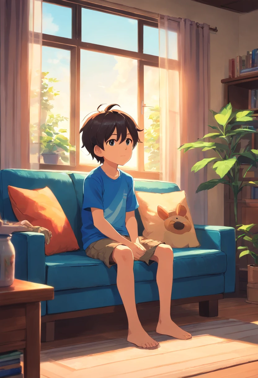 A cute little boy wearing a short-sleeved blue T-shirt is sitting on the sofa in the house. On the left is an air conditioner blowing the wind. The sun shines into the house outside the window.