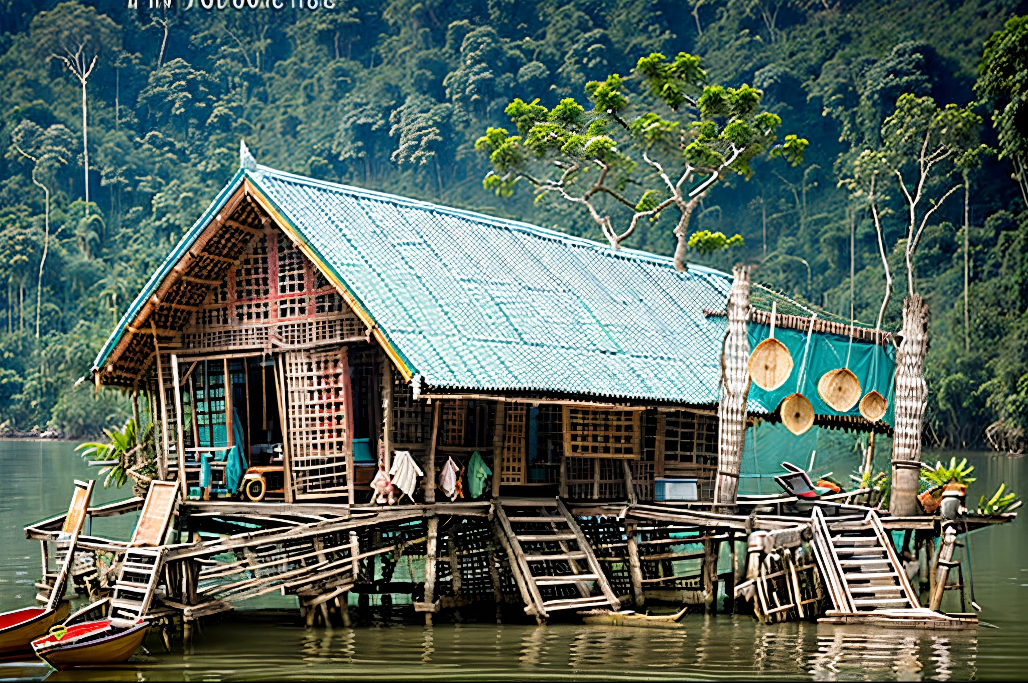 A unique and diverse stilt house village, with each house showcasing a different style and color, nestled among the lush greenery of Vietnam.