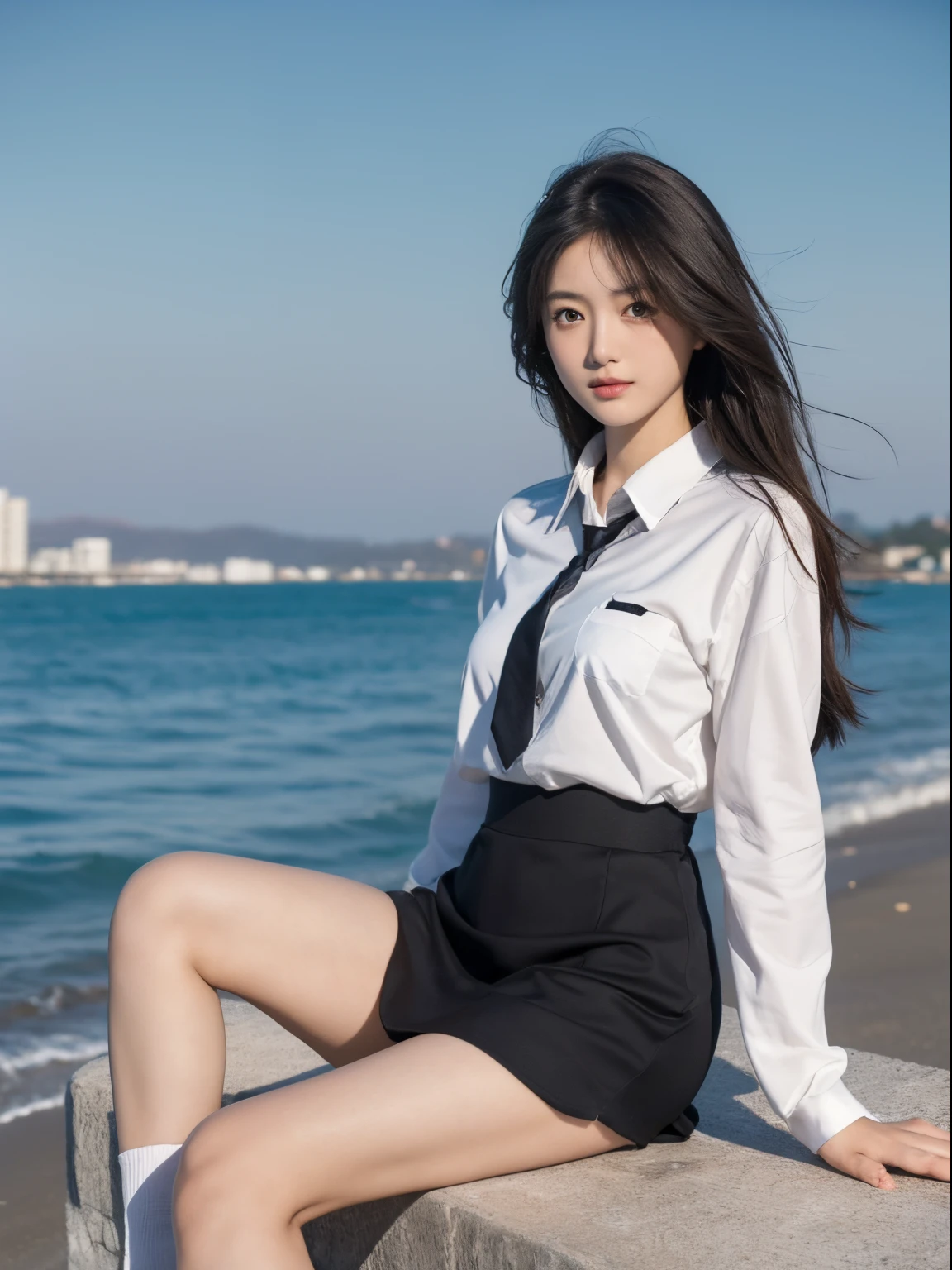 ((tmasterpiece)), ((Best quality at best)), ((A high resolution)), ((extremely detaild的 CG unified 8k wallpapers)), Alone, Tachibana playing, tan school uniform, Black dress, White socks, Outdoor sports, the face, cover hair, sea beach, parted hair, silber hair