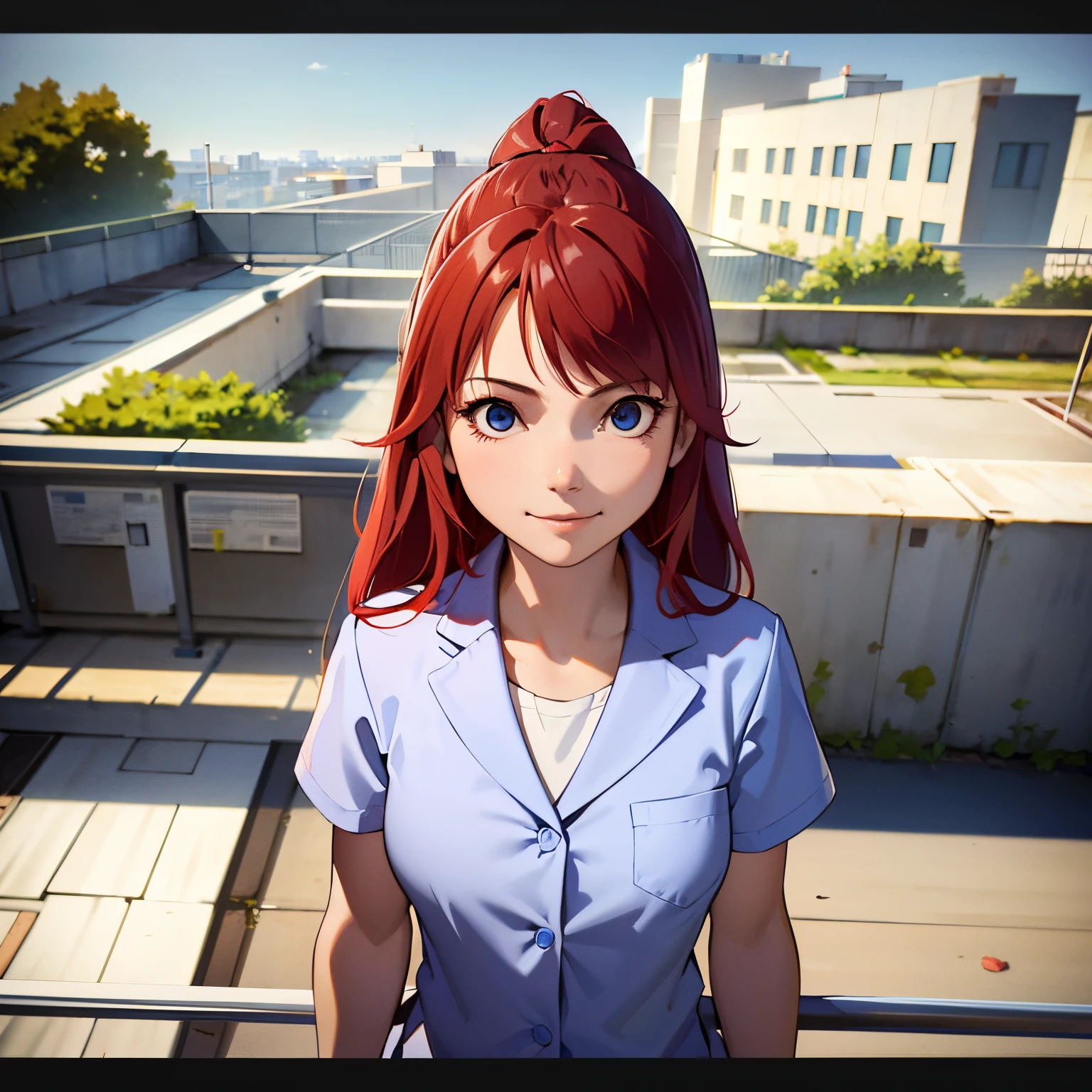 master piece, best quality, 1girl, long hair, ((red hair)), long hair, ponytail, blue eyes, on the roof of a hospital, ((fence)), (high handrail )), wears a surgery suit, ((detail of face)), ((without expression)), on the hospital roof, on top of the roof, ((with arms open)), (smiling), (standing no high handrail), clear sky