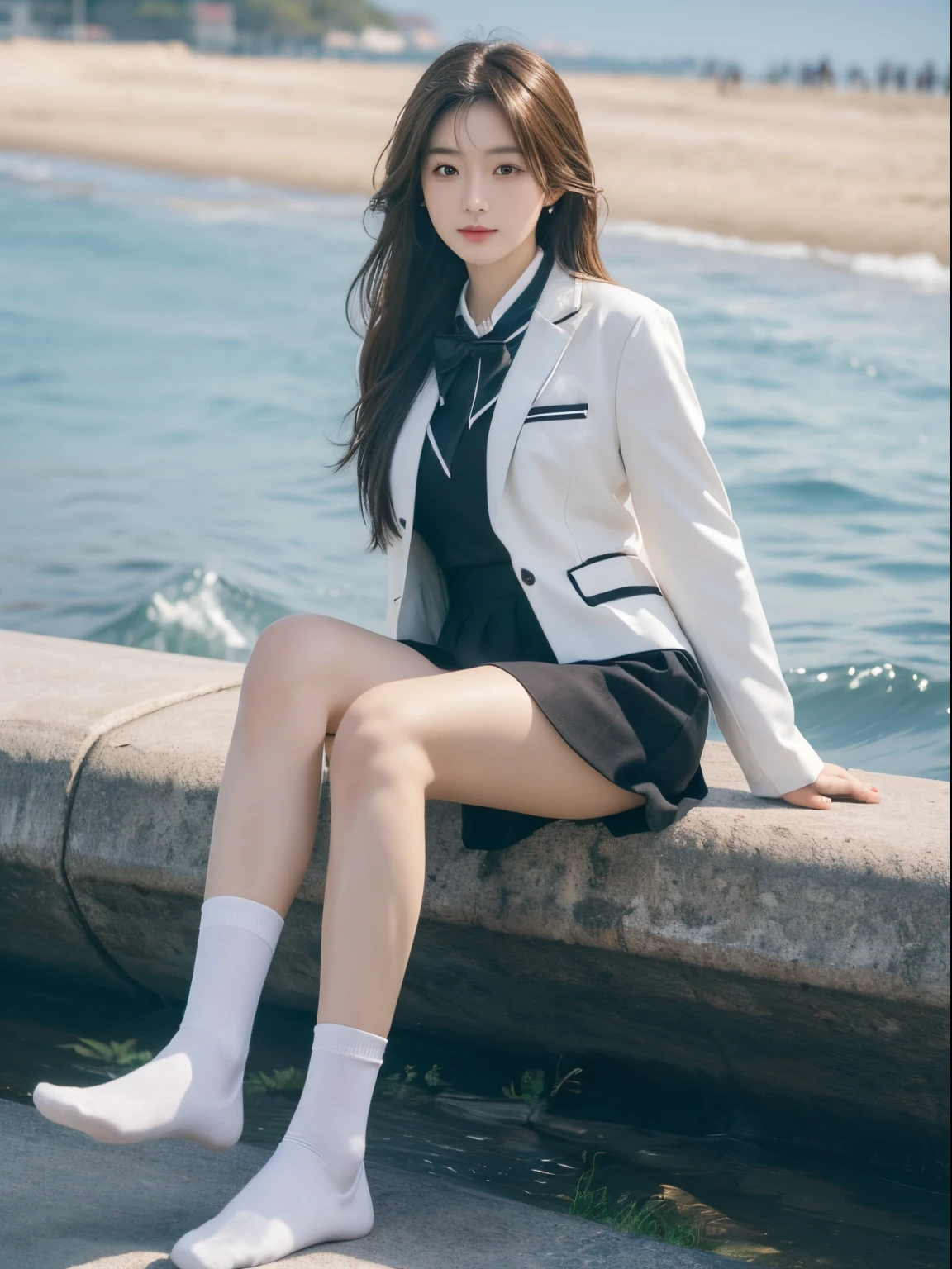 ulzzang -6500-v1.1, (Raw foto:1.2), (Photorealsitic:1.4), a beautiful detailed girl, extremely detailed eye and face, beatiful detailed eyes, Ridiculous, unbelievable Ridiculous, huge filesize, ultra-detailliert, hight resolution, ighly detailed, top-quality, ​masterpiece, Kemomimi, ((Japanese girls' high school uniform)), illustratio, ighly detailed, nffsw, unification, 8k wallpaper, magnifica, finely detail, ​masterpiece, top-quality, Highly detailed ticker uniform 8K wallpaper, Light on the Face、电影灯光、16yo girl、((witheout panties))、((dynamicposes)))、(camel's toe)、(half)、(panthyhose)、(Sitting on legs bending the knees))、sea side、sand beach、beach、Background blur、Wet:1.5、Bichobicho、soaked、