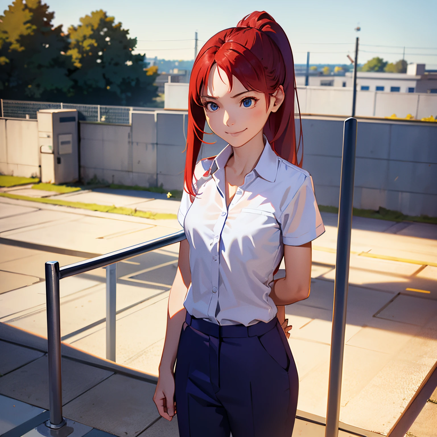 master piece, best quality, 1girl, elementary school student, long hair, ((red hair)), long hair, ponytail, blue eyes, on the roof of a hospital, ((fence)), (high handrail )), wears a surgery suit, ((detail of face)), ((without expression)), on the hospital roof, on top of the roof, ((with arms open)), (smiling), (standing no high handrail), clear sky