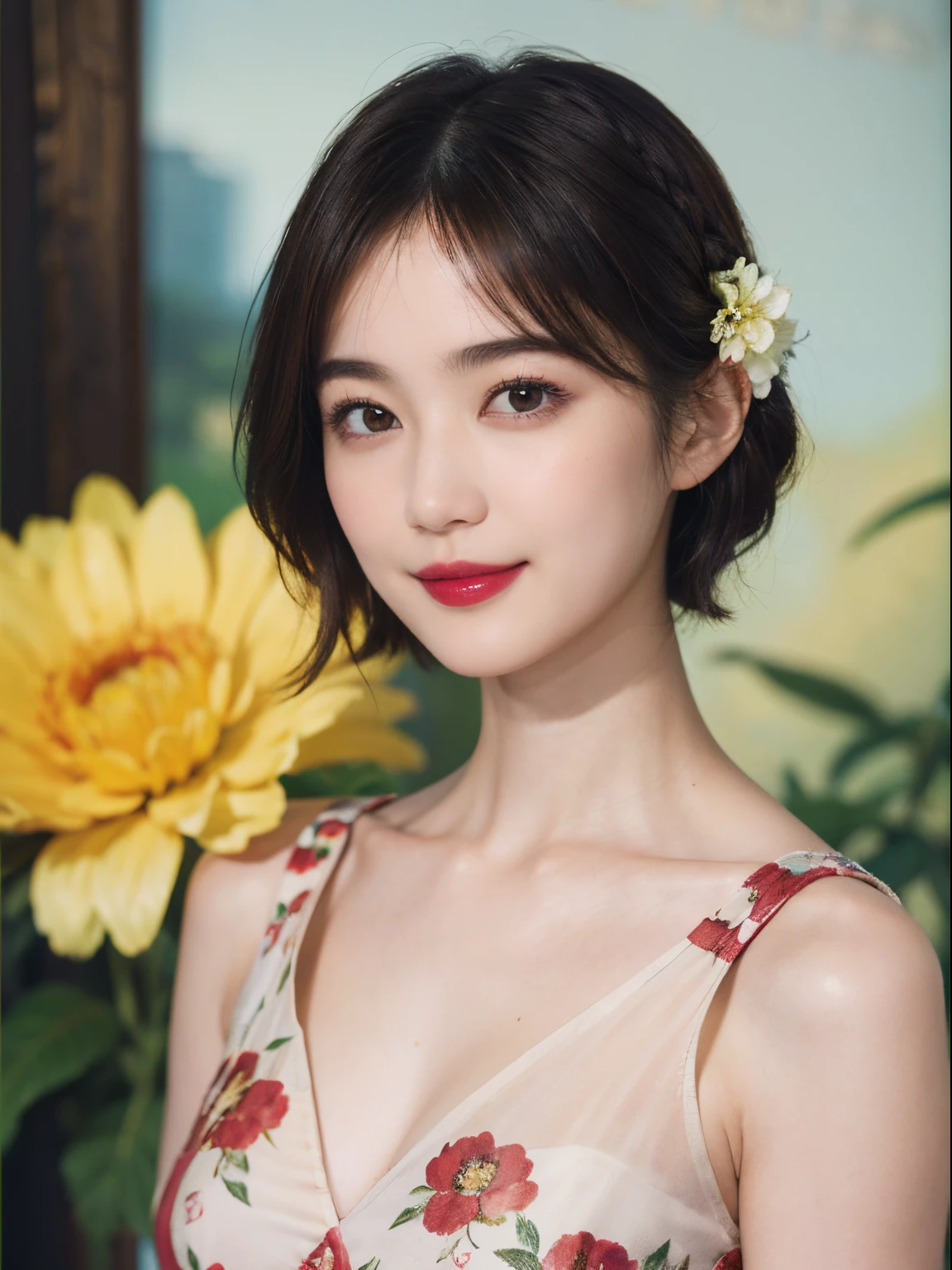 115
(a 20 yo woman,is standing), (A hyper-realistic), (high-level image quality), ((beautiful hairstyle 46)), ((short-hair)), (Gentle smile), (breasted:1.1), (lipsticks), (florals)