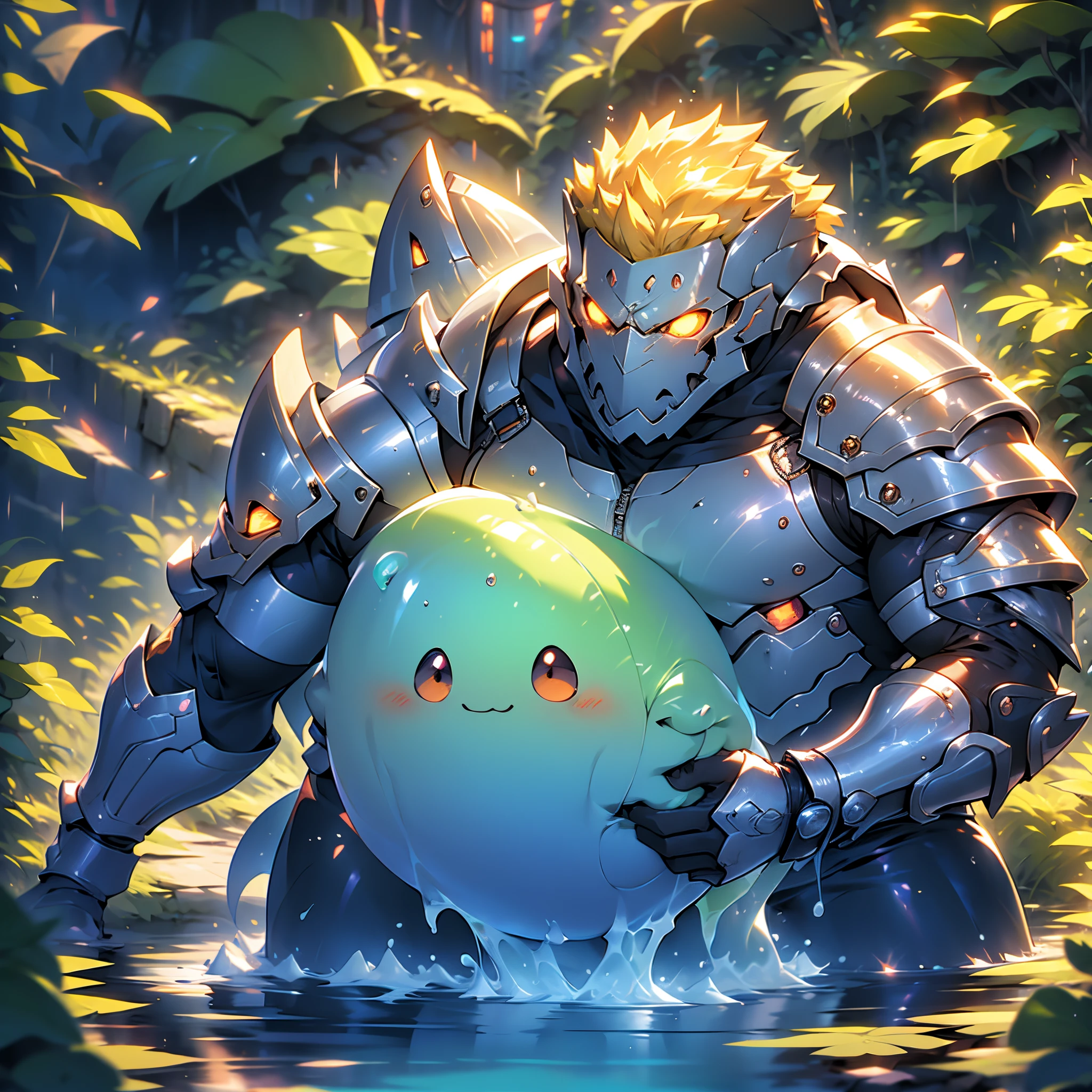 muscular mature male pumpkinhead kawaii moe anime, heavy metalic armored slayer, vivid slime forest