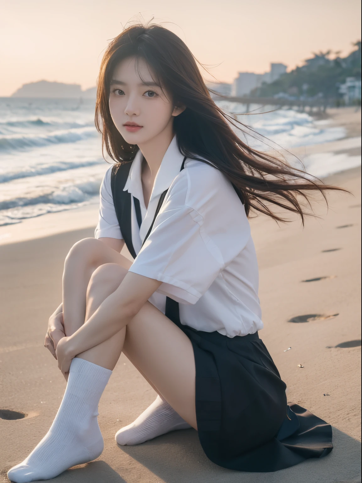 ((tmasterpiece)), ((Best quality at best)), ((A high resolution)), ((extremely detaild的 CG unified 8k wallpapers)), Alone, Tachibana playing, tan school uniform, Black dress, White  socks, Outdoor sports, the face, cover hair, sea beach, parted hair, silber hair