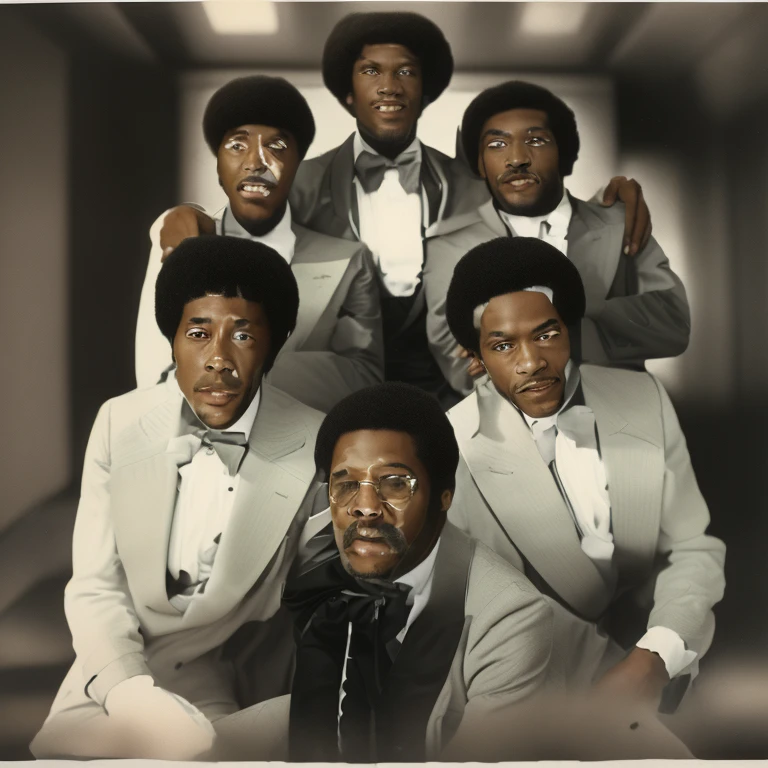 there are a group of men in suits posing for a picture, seventies era, 1 9 7 6 cut out collage, 1978 cut out collage, alternate album cover, 7 0 - s, seventies, publicity photo, circa 1 9 7 9, 70’s, 70's, 70s photo, eddie, tree's, quartet singing group, big afros, black men, clean cut, brothers